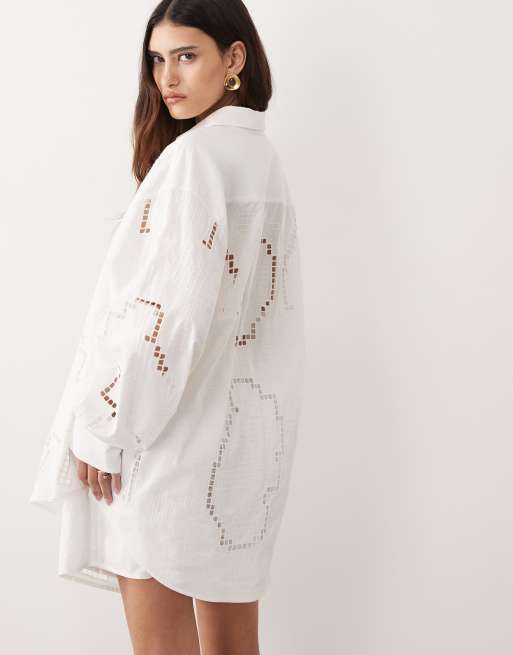 ARRANGE oversized shirt co-ord with cutwork embroidery in white, 4 of 4