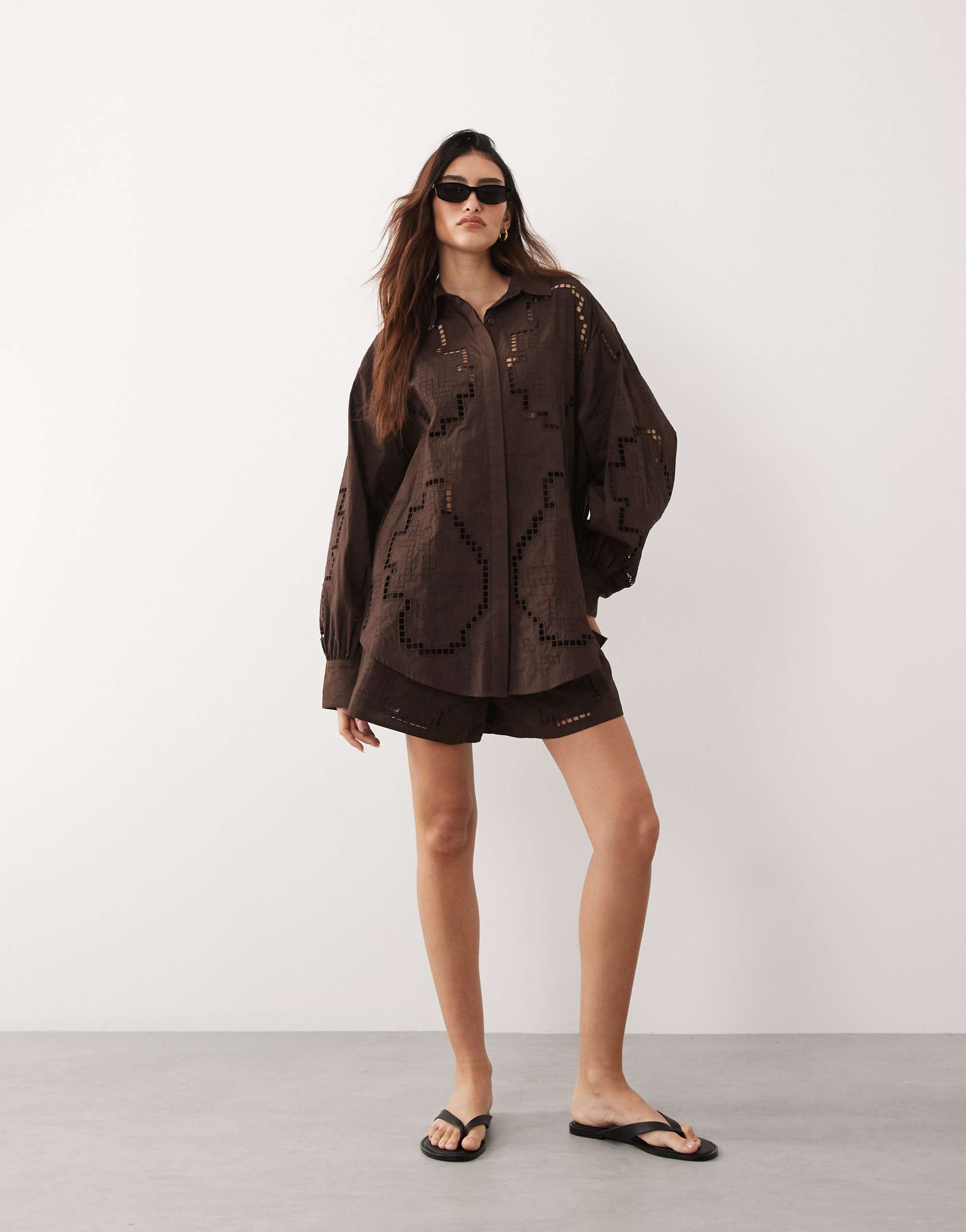 arrange oversized shirt with cutwork embroidery in chocolate - part of a set