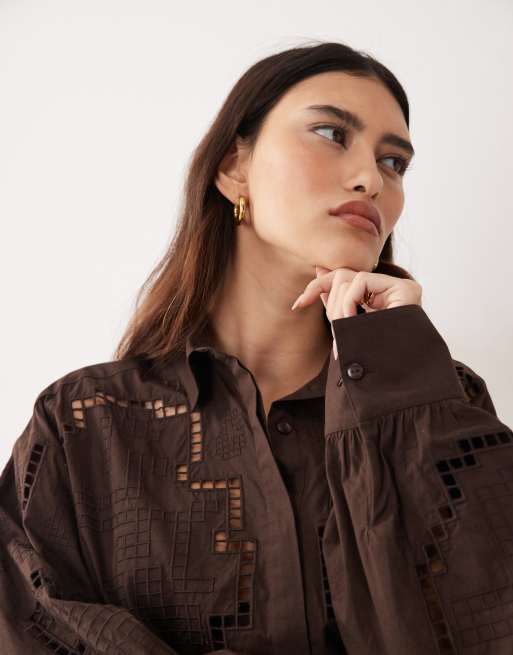 ARRANGE oversized shirt with cutwork embroidery in chocolate (part of a set), 3 of 4