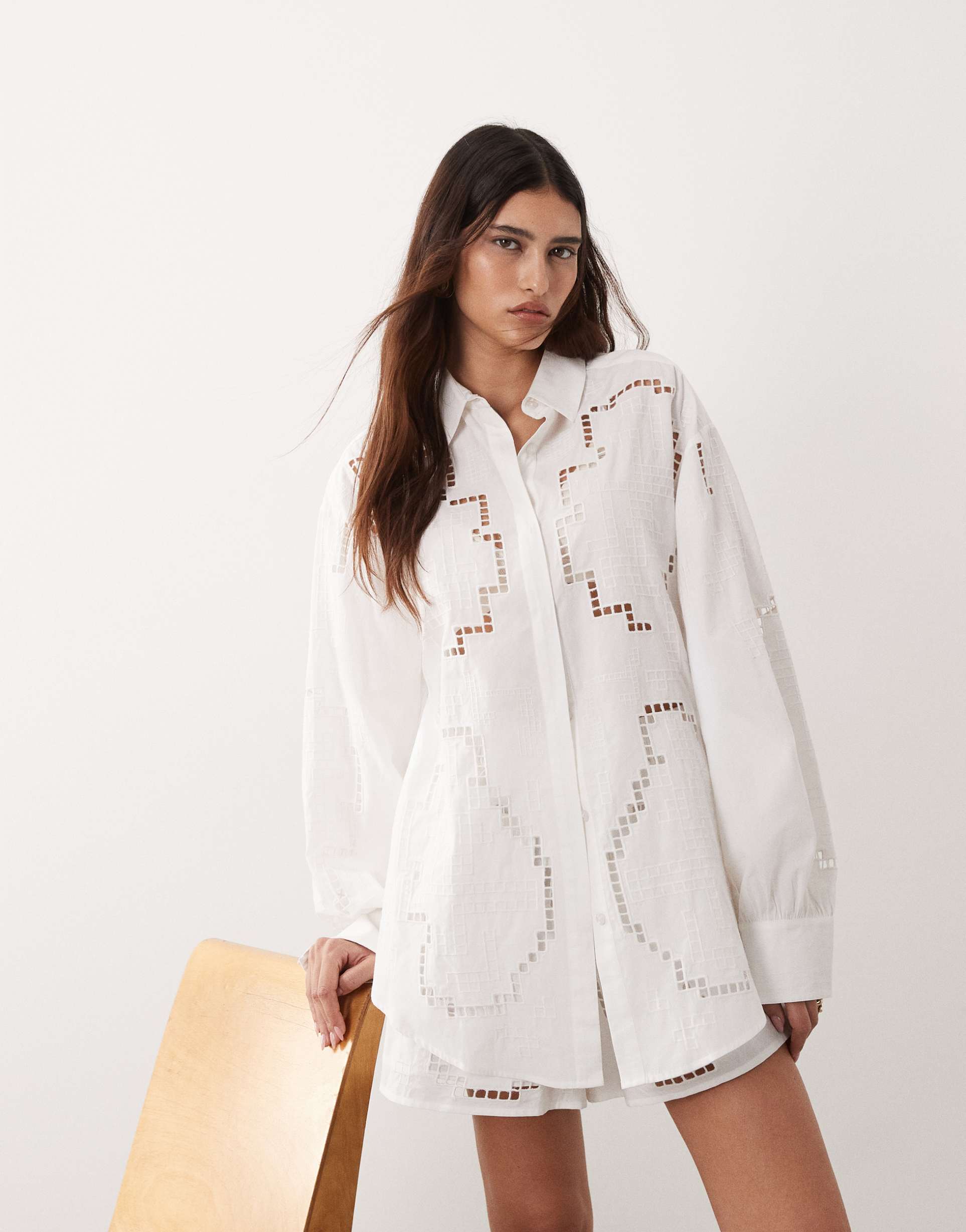 arrange oversized shirt with cutwork embroidery in white - part of a set