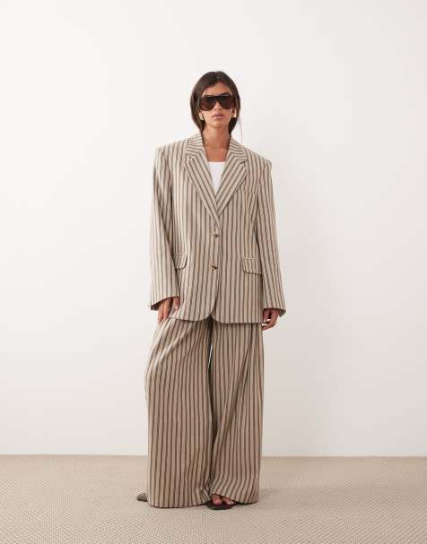 ARRANGE oversized single breasted blazer and pleated wide leg trouser co-ord in chocolate stripe - view 1