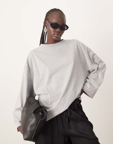 ARRANGE - Oversized T-shirt van katoen met lange mouwen in gemêleerd grijs - view 1