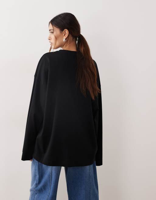 ARRANGE - Oversized T-shirt van katoen met lange mouwen in zwart, 4 van 4