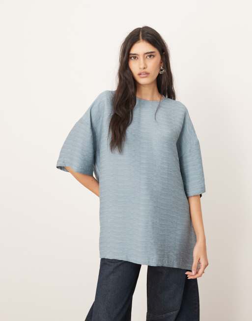 ARRANGE oversized textured boxy woven T-shirt in denim blue, 2 of 4