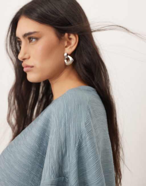 ARRANGE oversized textured boxy woven T-shirt in denim blue, 3 of 4