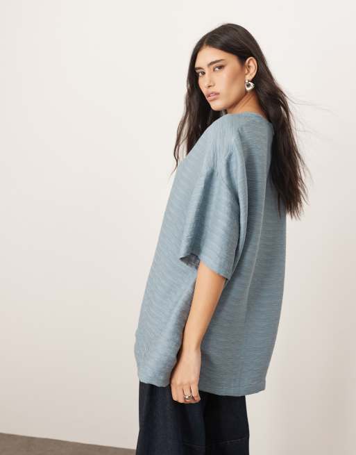 ARRANGE oversized textured boxy woven T-shirt in denim blue, 4 of 4