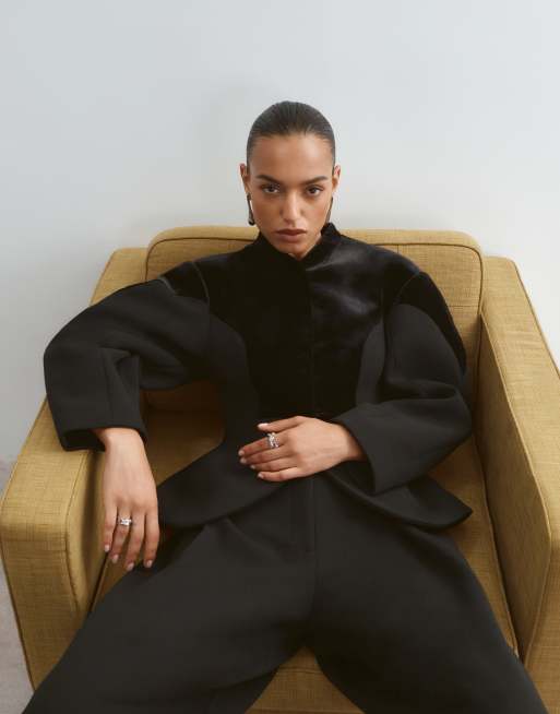 ARRANGE ovoid sleeve velvet panel blazer, midi skirt and barrel leg trousers in black, 4 of 4
