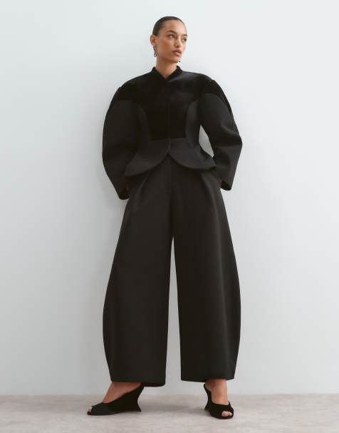ARRANGE ovoid sleeve velvet panel blazer, midi skirt and barrel leg trousers in black - view 1