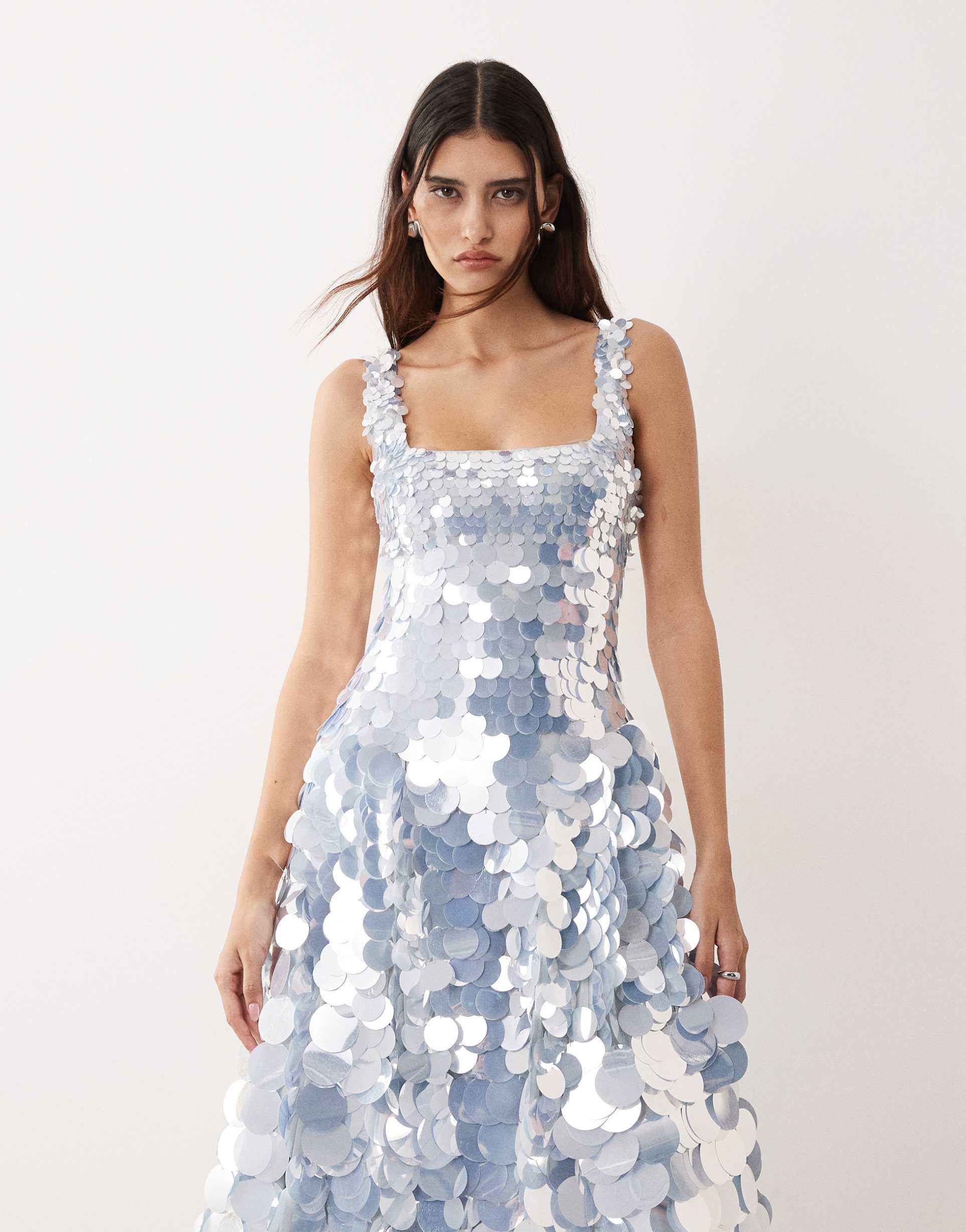 arrange paillette sequin embellished square neck full skirt midaxi dress in ice blue