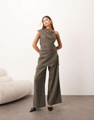 Pantalon ample d'ensemble en laine à plis - Kaki foncé-Vert 44