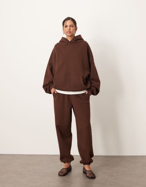 ARRANGE - Pantalon de jogging oversize resserré aux chevilles en tissu épais de qualité supérieure - Chocolat - view 1