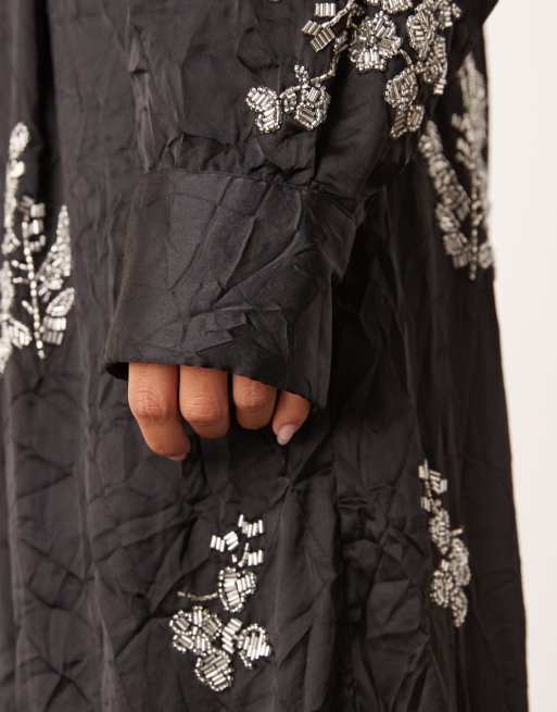 ARRANGE - Pantalon d'ensemble effet froissé en satin avec fleurs ornementées - Noir, 3 de 5