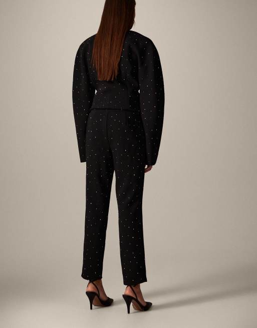 ARRANGE - Pantalon d'ensemble élégant slim orné de strass thermocollés - Noir, 4 de 5