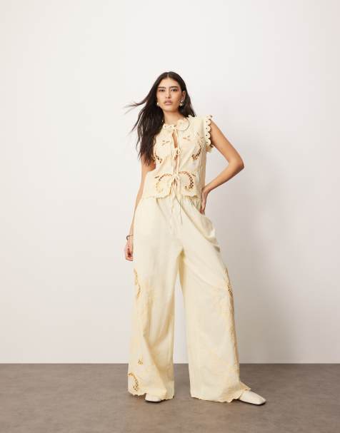 ARRANGE - Pantalon droit en coton avec broderies ajourées - Jaune citron - view 1