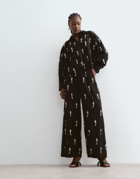 ARRANGE pantalon large plissé orné, ensemble coordonné, noir - view 1