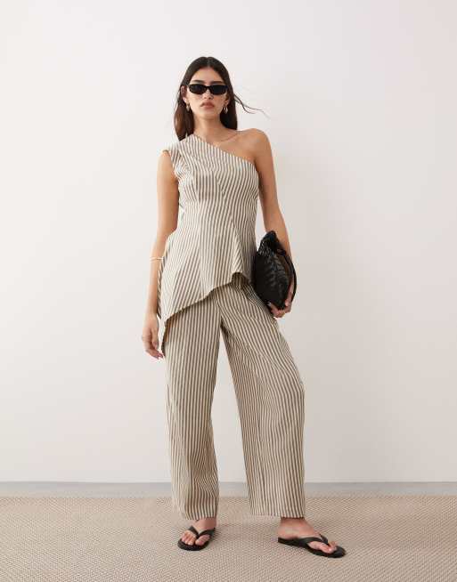 ARRANGE - Pantaloni sartoriali bombati color latticello a righe in coordinato
