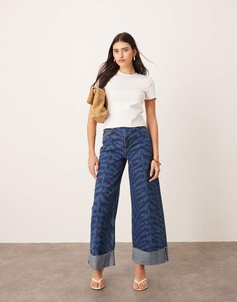 ARRANGE Parker denim high waist slouchy turn up jean in blue tiger print - view 1