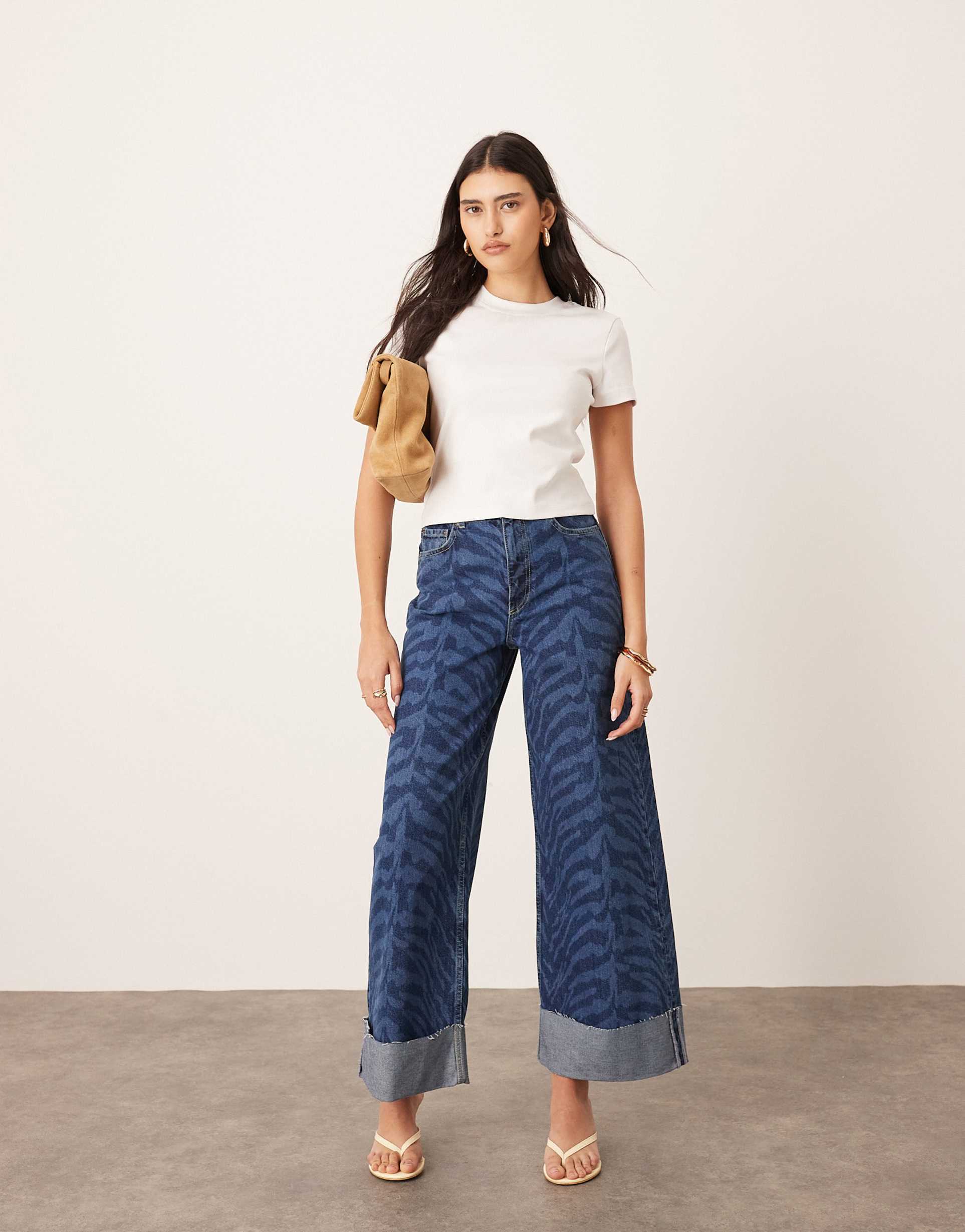 arrange parker denim high waist slouchy turn-up jeans in blue tiger print