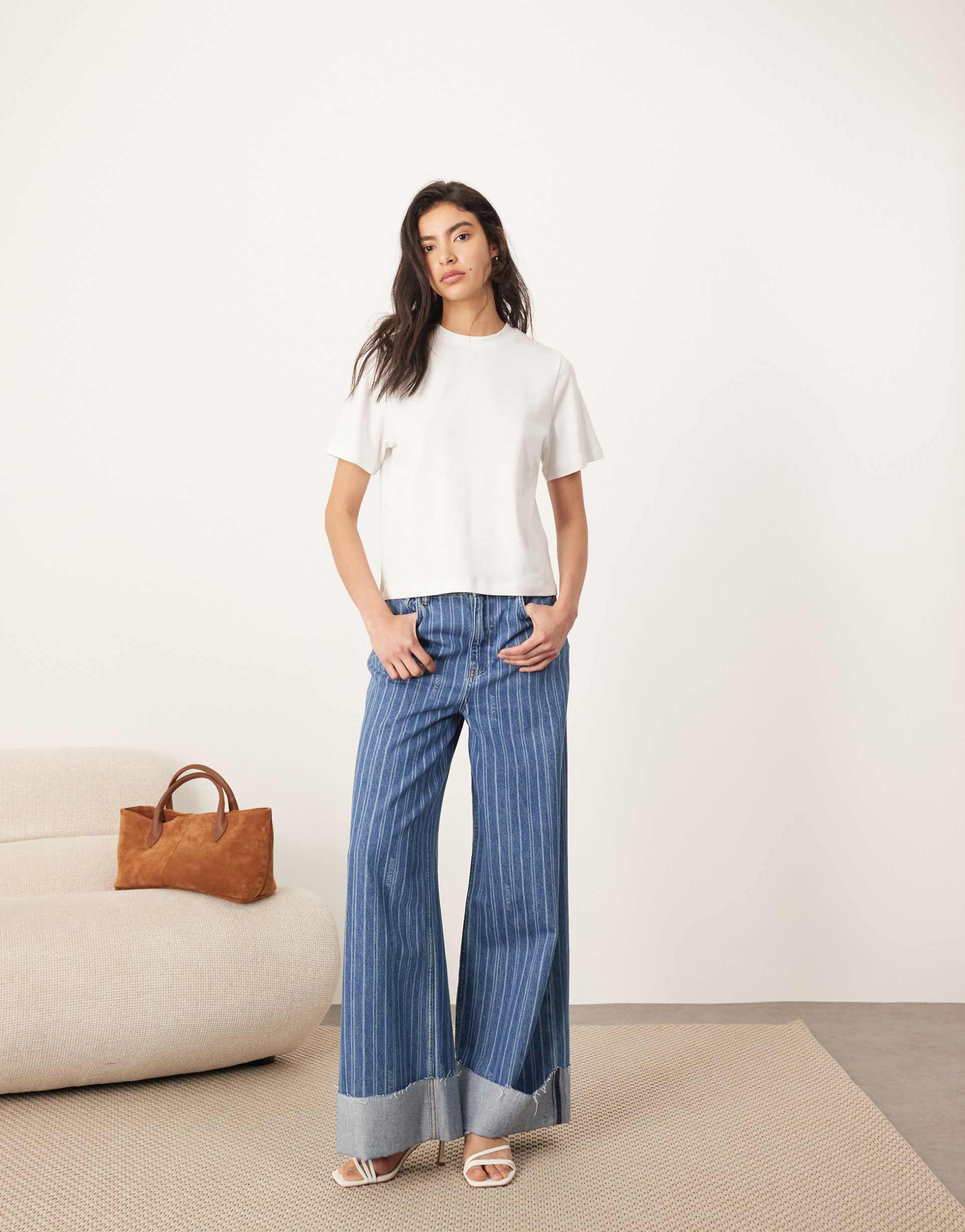 arrange parker denim high waist slouchy turn up jeans in laser stripe