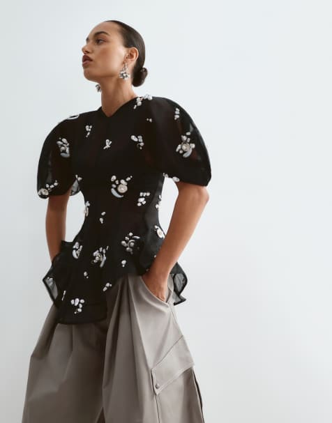 ARRANGE pearl cluster embellished volume sleeve organza top in black - view 1