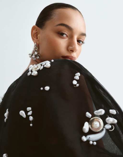 ARRANGE pearl cluster embellished volume sleeve organza top in black, 2 of 5