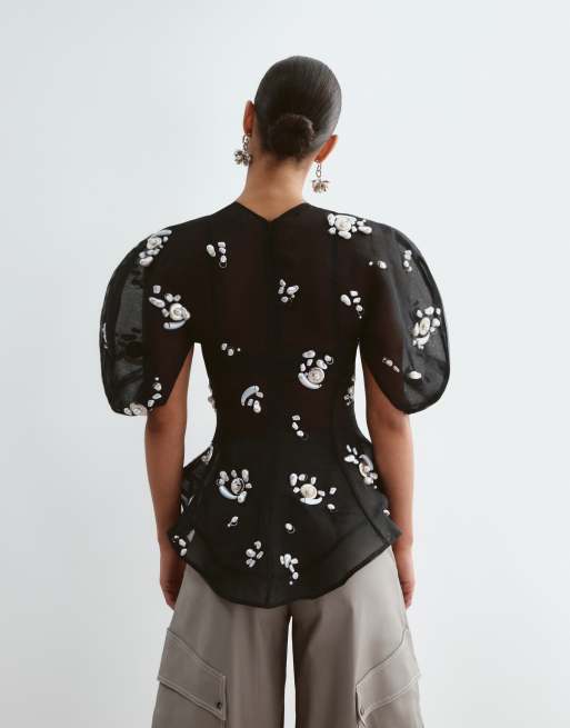 ARRANGE pearl cluster embellished volume sleeve organza top in black, 4 of 5