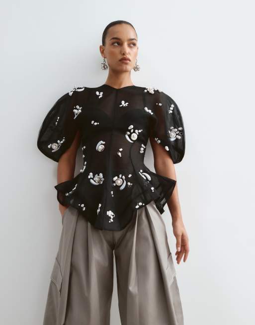 ARRANGE pearl cluster embellished volume sleeve organza top in black, 5 of 5
