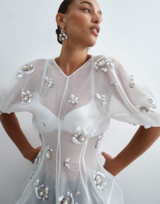 ARRANGE pearl cluster embellished volume sleeve organza top in white, 2 of 5