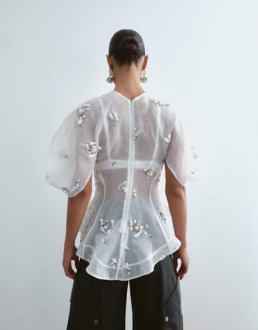 ARRANGE pearl cluster embellished volume sleeve organza top in white, 3 of 5
