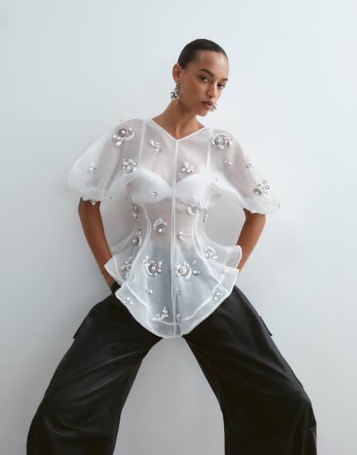 ARRANGE pearl cluster embellished volume sleeve organza top in white, 4 of 5