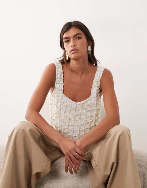 ARRANGE pearl embellished top in ivory - view 1