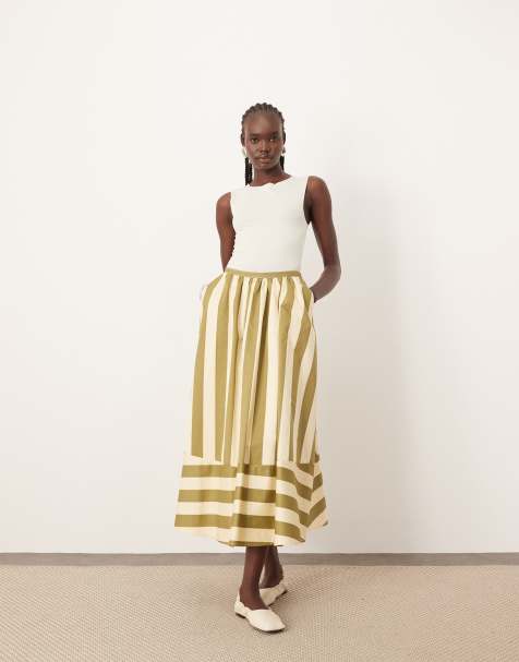 ARRANGE structured full skirt in olive stripe