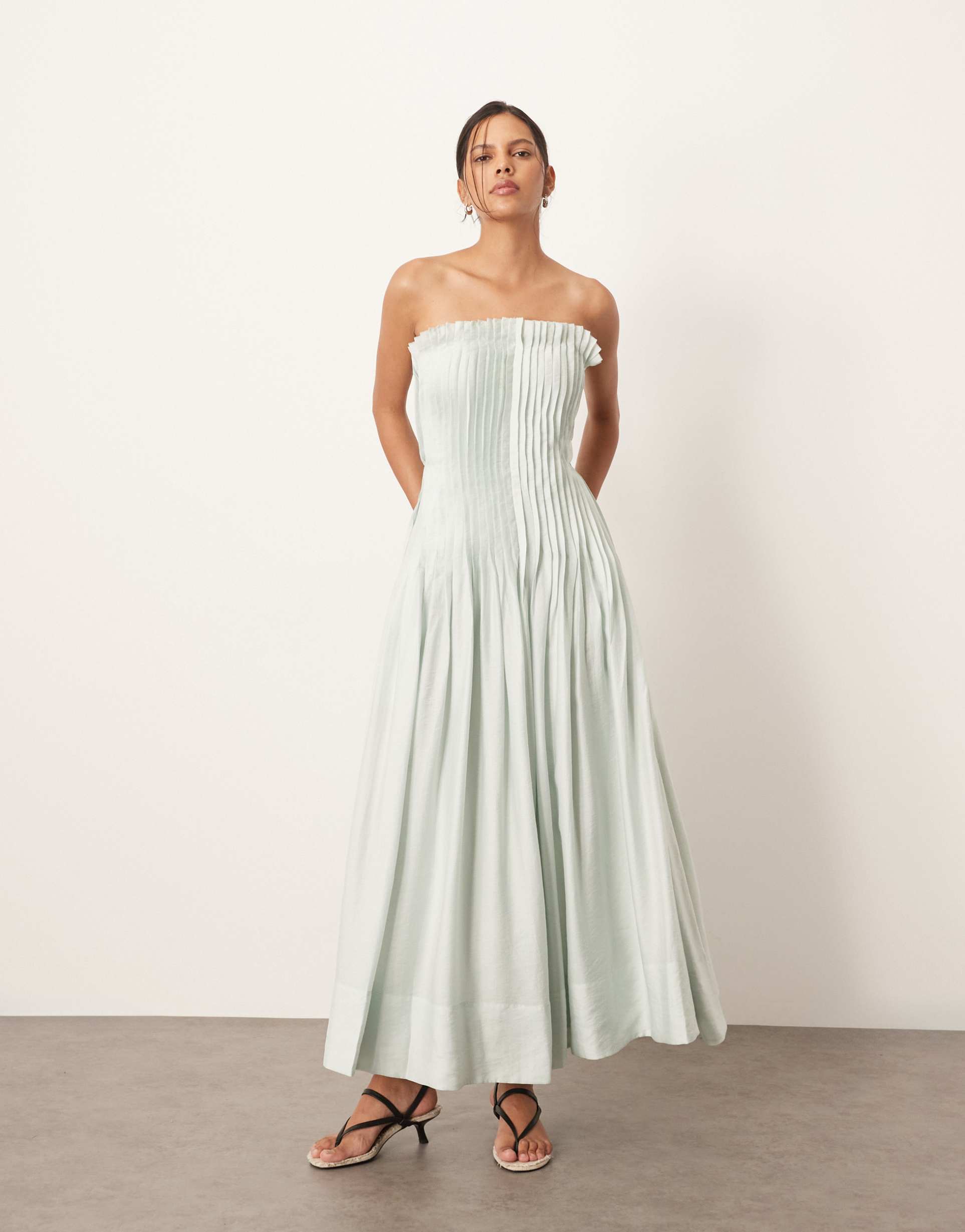 arrange pintuck organdy dropped waist bandeau midi dress in light blue