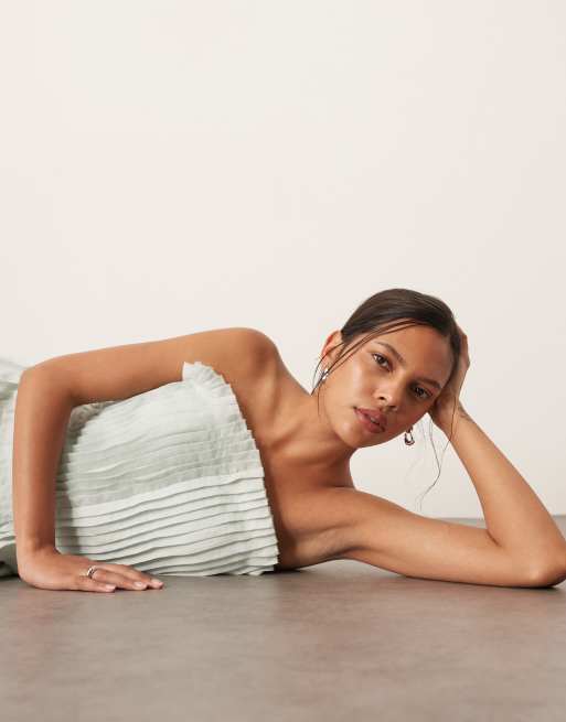 ARRANGE pintuck organdy dropped waist bandeau midi dress in light blue