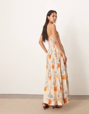 ARRANGE pintuck organdy dropped waist bandeau midi dress in multi floral print