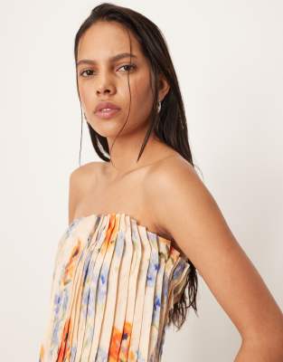 ARRANGE pintuck organdy dropped waist bandeau midi dress in multi floral print