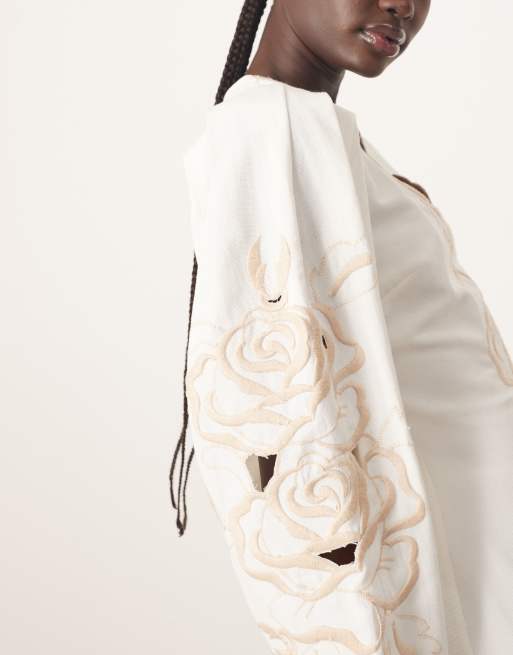 ARRANGE placed floral cut work volume sleeve mini dress in white, 2 of 4