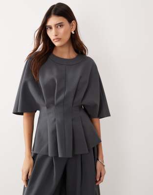 ARRANGE pleat waist short sleeve top co-ord in charcoal