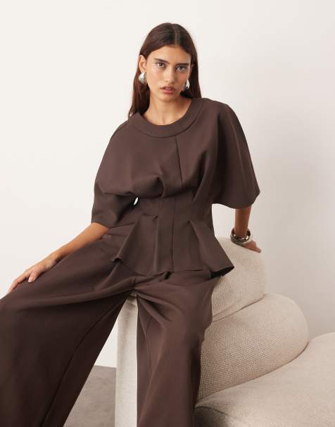 ARRANGE pleat waist short sleeve top in deep chocolate - part of a set - view 1