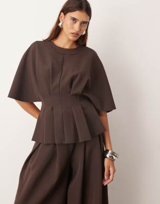 Arrange Pleat Waist Short Sleeve Top In Brown