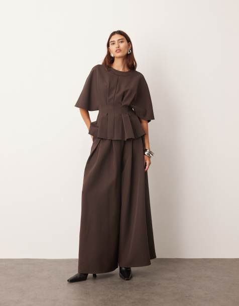 ARRANGE pleat waist tailored wide leg trouser co-ord in deep chocolate