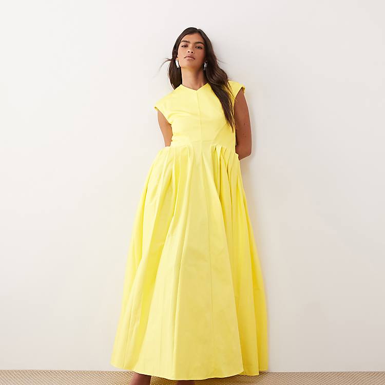 yellow formal maxi dress Elona long hem length allows for alterations Garance Yellow Draped Asymmetrical Maxi