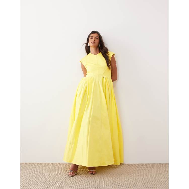 maxi formal yellow dresses for women Zapakasa Women Butter Yellow Satin Long Corset Prom Dress with Pearls  Spaghetti Straps A Line Pageant Dress
