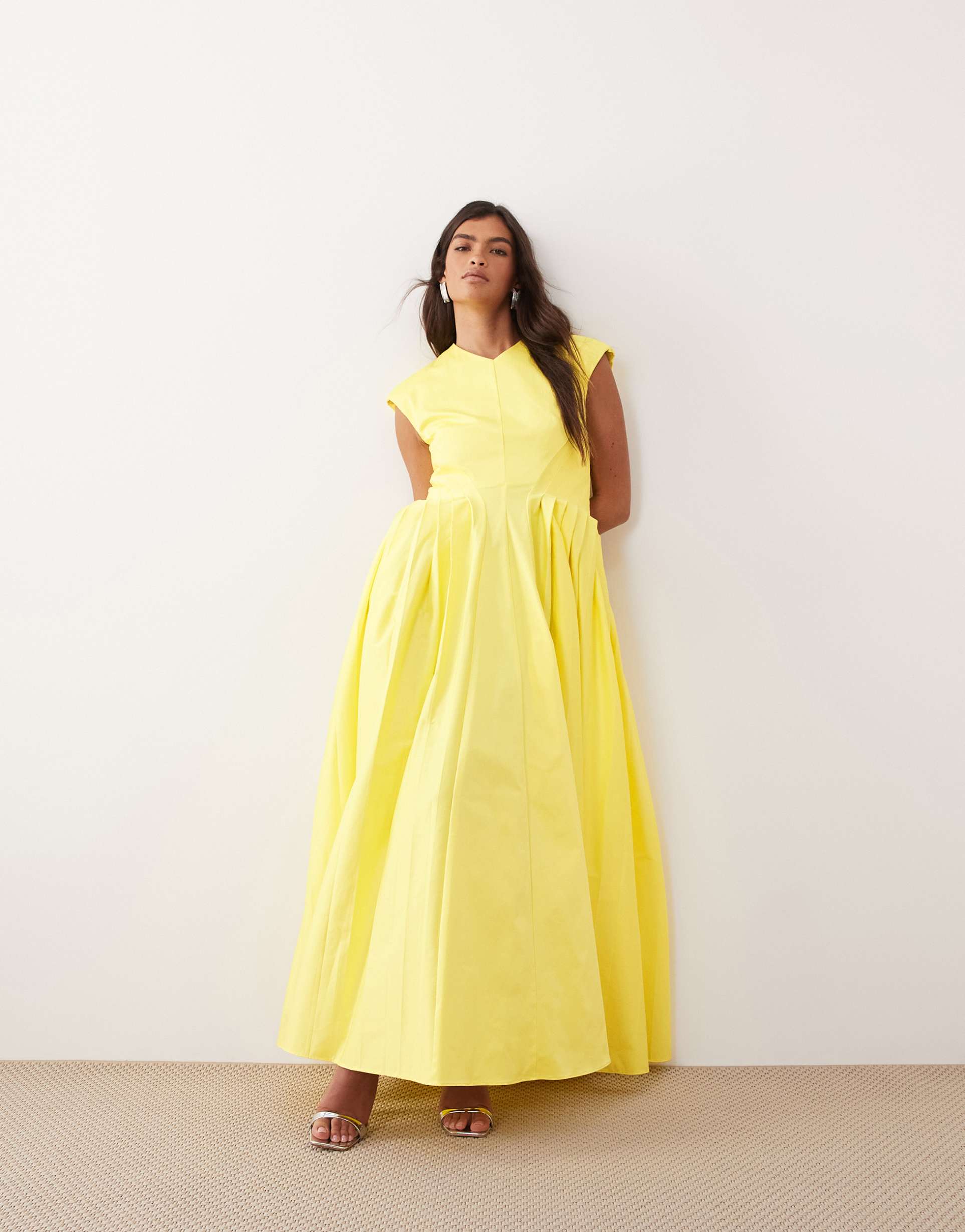 arrange pleated cinched waist maxi dress in yellow
