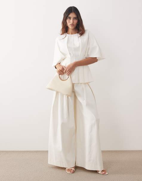 ARRANGE pleated cinched waist top and trouser co-ord in white - view 1