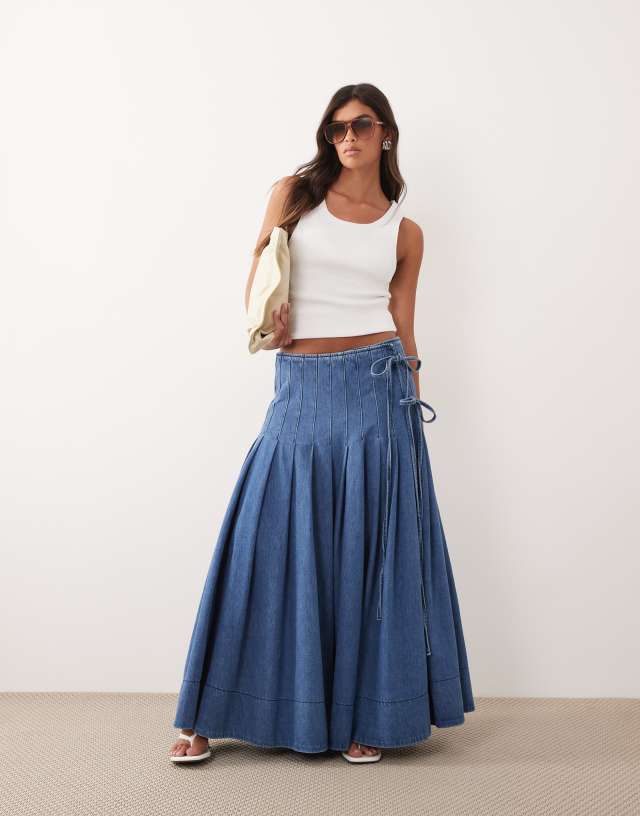 ARRANGE pleated denim midi skirt with tie detail in blue | ASOS