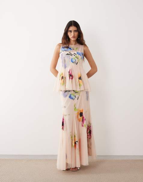 ARRANGE pleated embroidered floral top and maxi skirt co-ord in pink - view 1