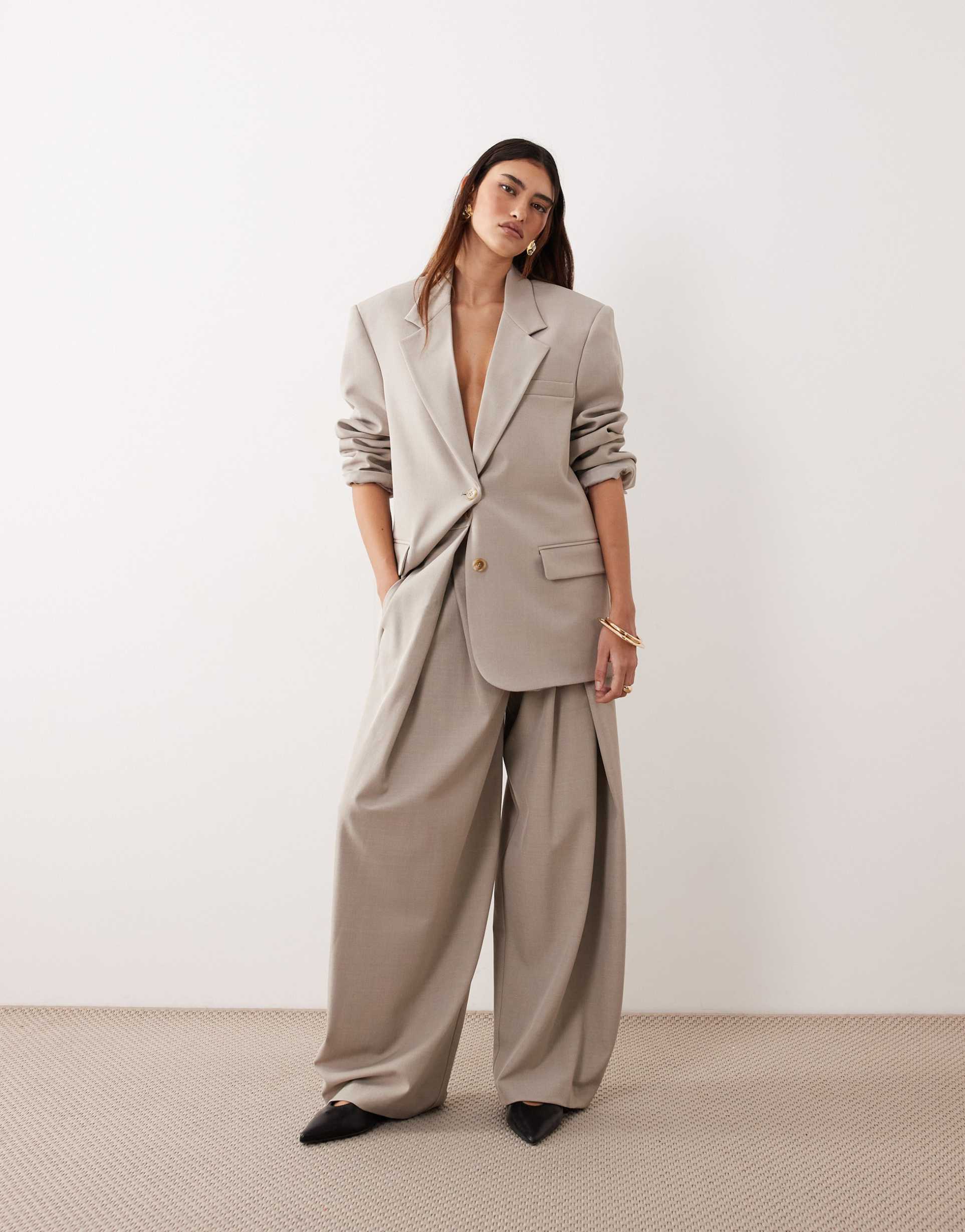 arrange pleated front wide leg pants in gray - part of a set