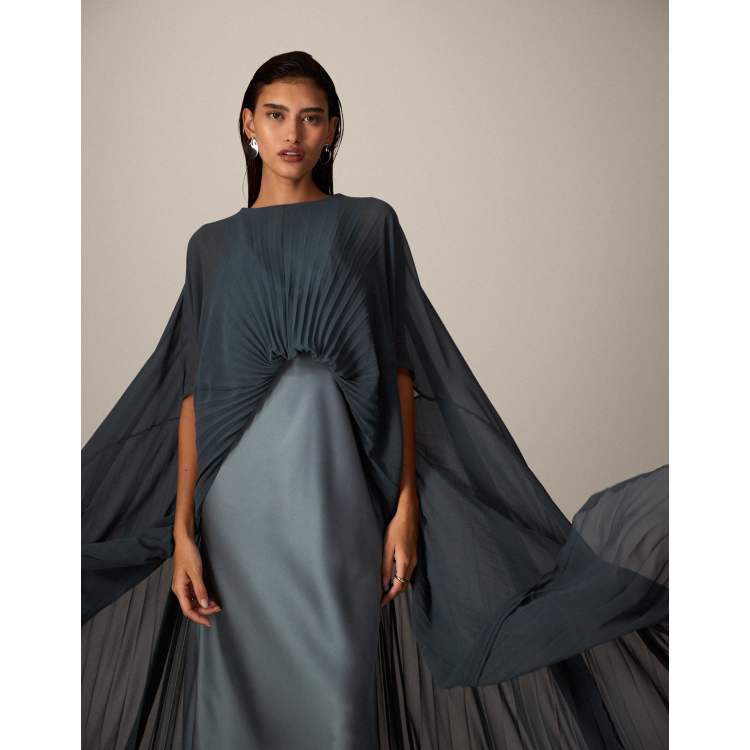 ARRANGE pleated hybrid maxi cape dress in petrol blue | ASOS