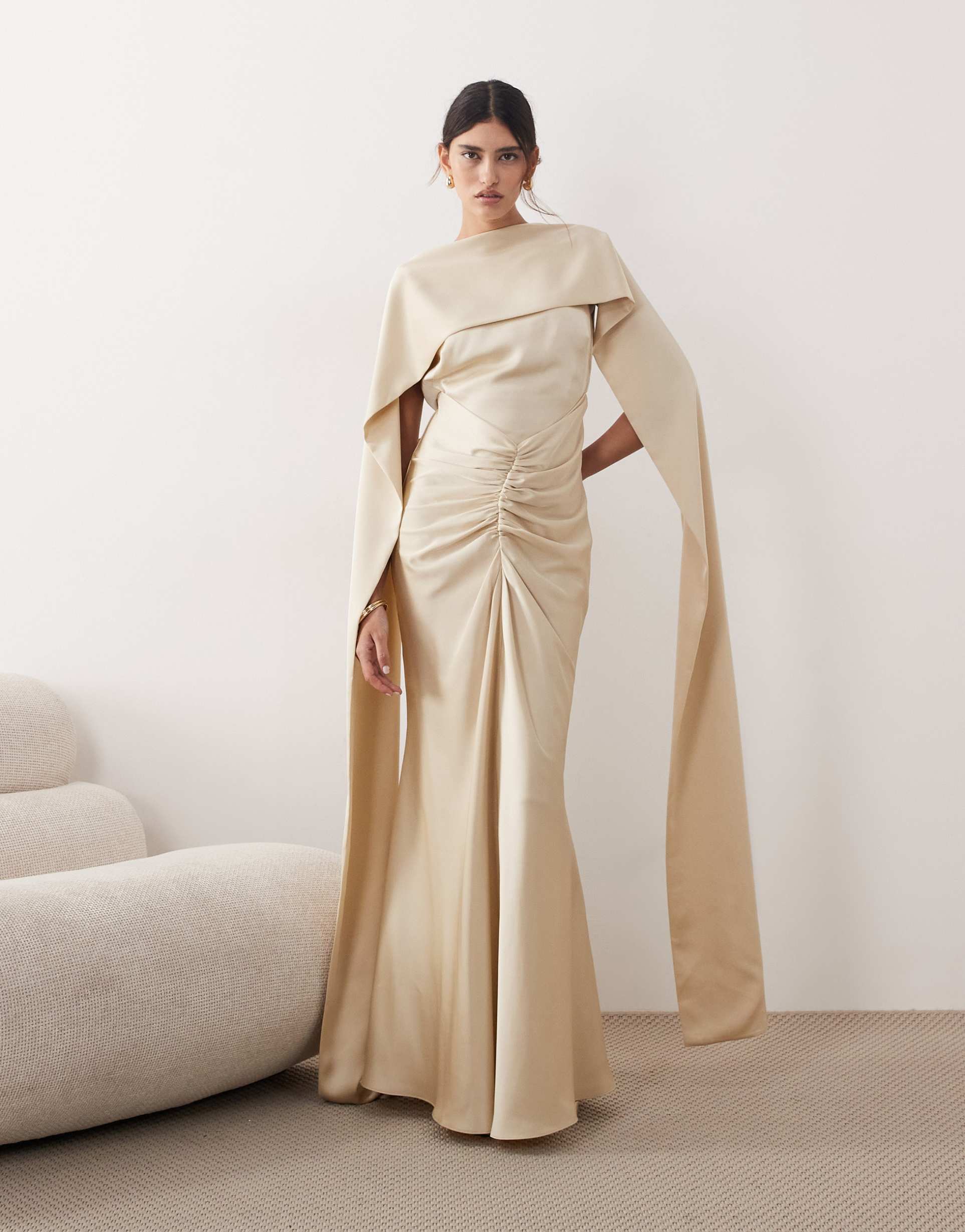 arrange pleated waist back drape high neck satin maxi dress in champagne